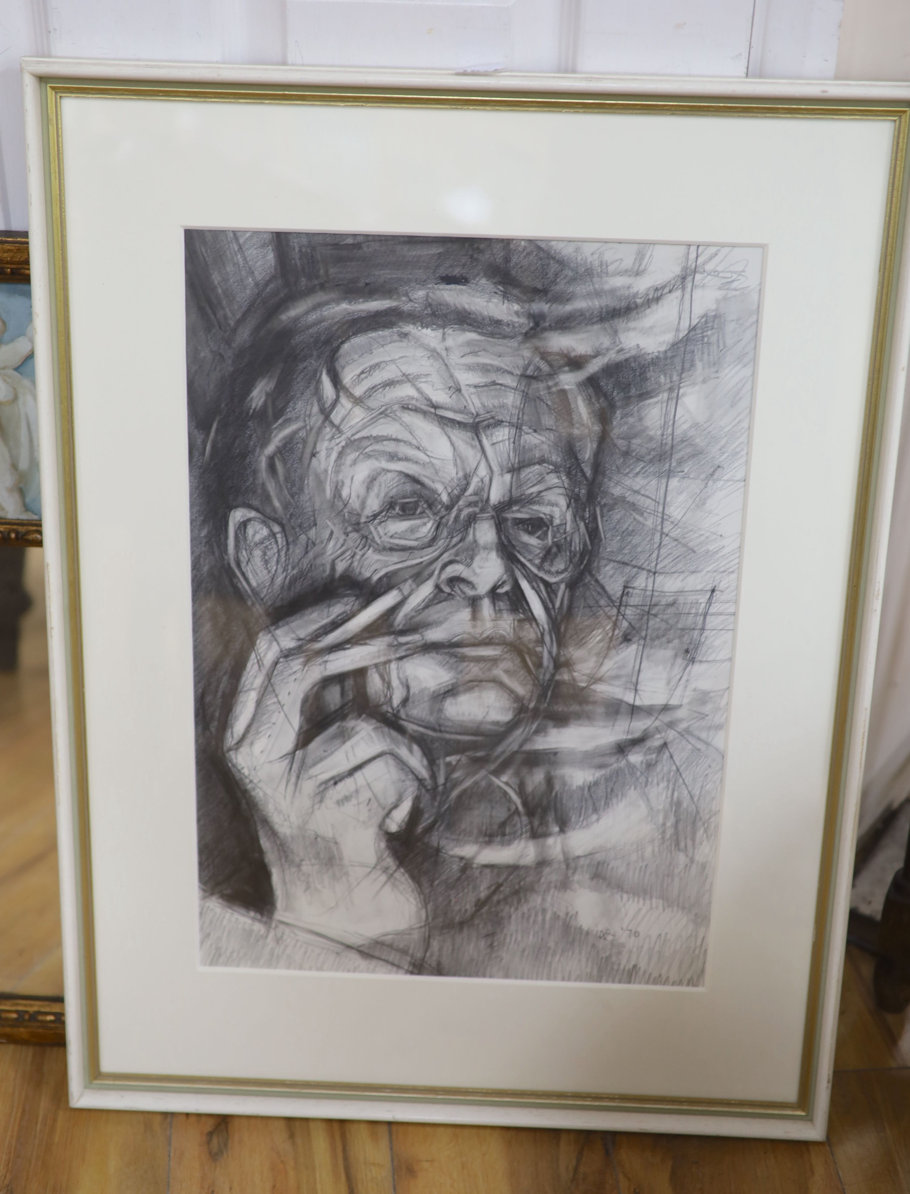 Anthony Rossiter (1926-2000), charcoal drawing, Auden relaxing, signed and dated 70, with Exhibition label verso, 53 x 36cm